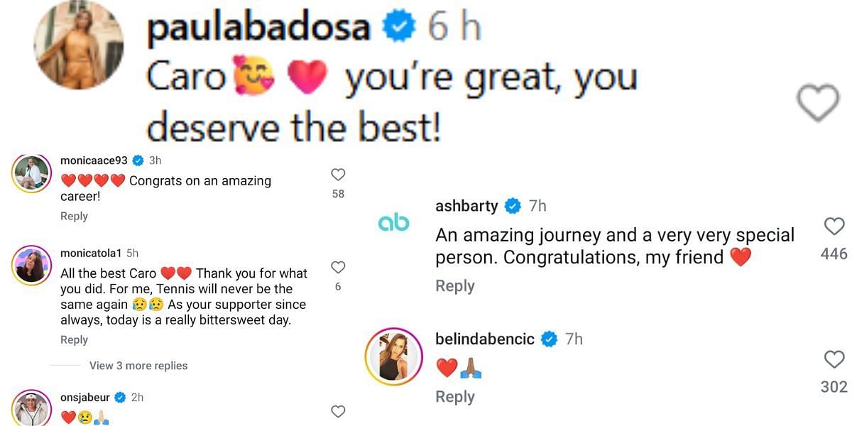Paula Badosa, Ons Jabeur, Belinda Bencic, Ashleigh Barty, Garbine Muguruza and Monica Puig's reactions to Caroline Garcia's retirement announcement on Instagram (Source: Instagram/carogarcia)